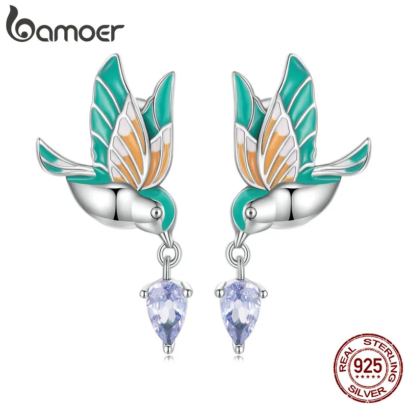 Bamoer 925 Sterling Silver Exqusite Kingfisher Stud Earrings for Women Colored Bird Ear Studs Trendy Gift Fine Jewelry BSE690