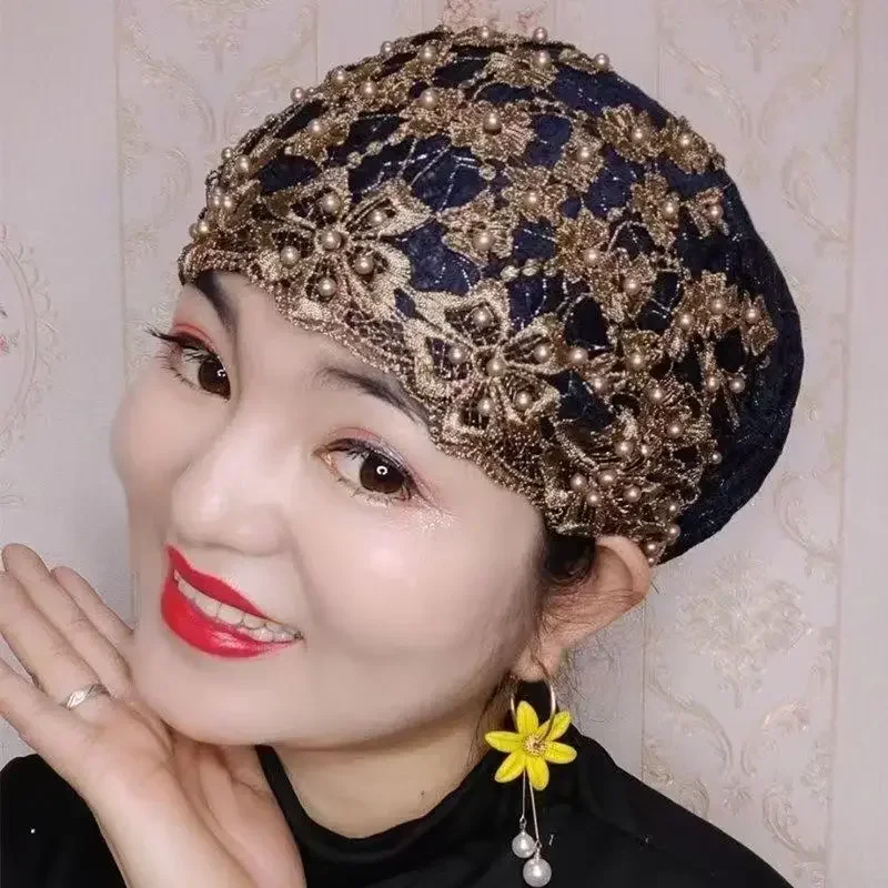 Ladies Personality Ethnic Beaded Hat Gauze Scarf Headscarf New Fashion Headscarf Pullover Hat Ladies Baotou Hat T003