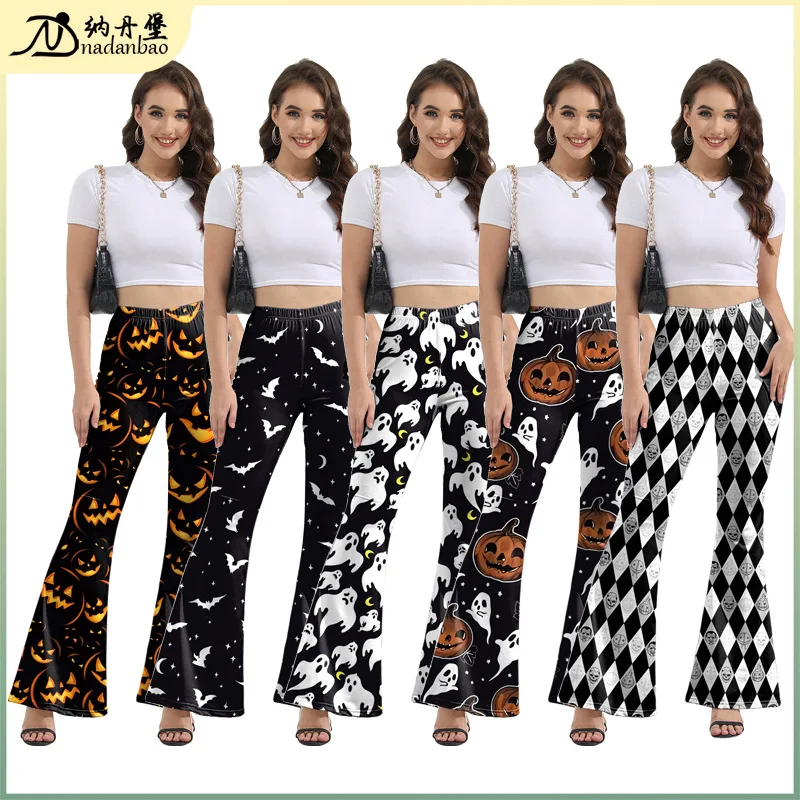 Halloween Printed Women's Flare Pants 2024 Autumn Fashion Pumpkin Bat Stretch Bottom Party Club Streetwear