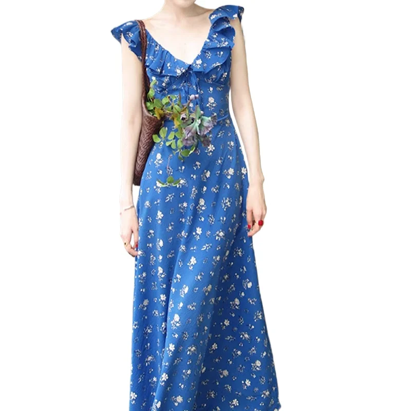 Royal Blue Printing Floral Camis Dress