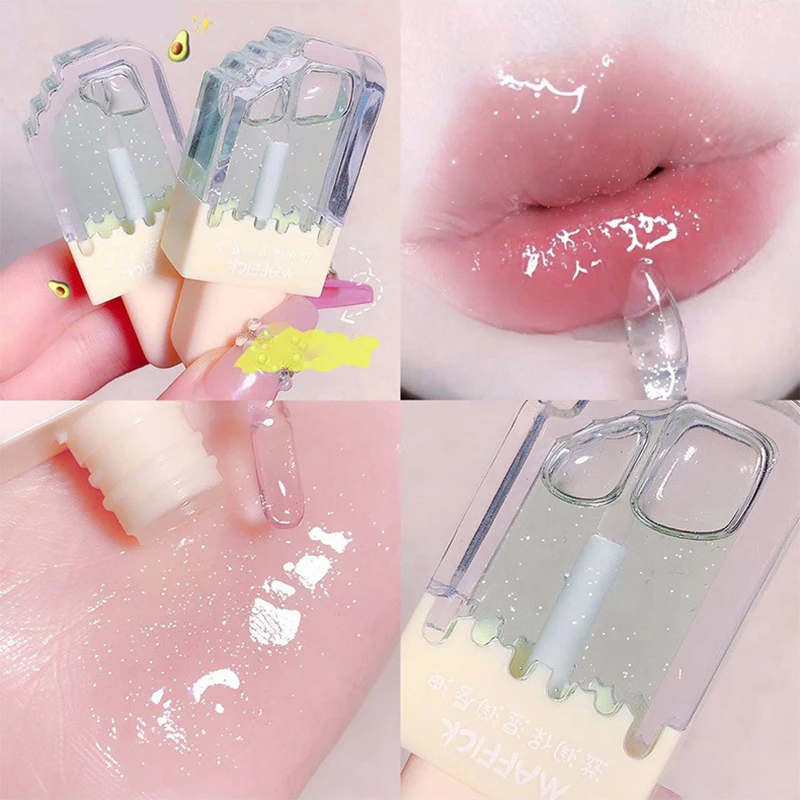 Brillo de labios transparente para mujer, Bálsamo hidratante, aceite de gelatina de cristal, lápiz labial rojo no pegajoso, herramienta cosmética para el cuidado de los labios