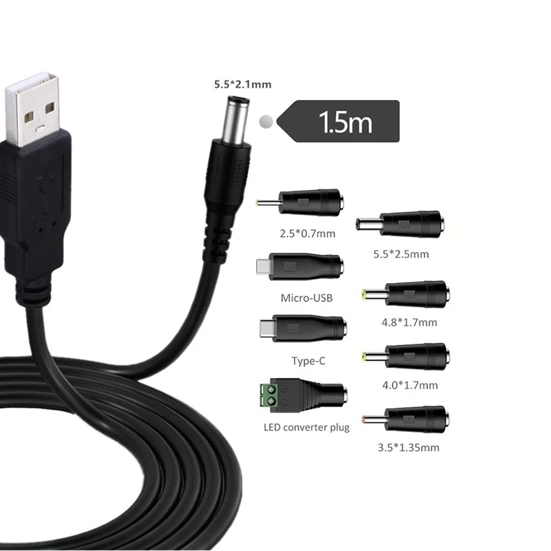 Universal 5V USB Power Cord, USB To Dc Power Cable With 8 Types Connectors For Android Phones, Tablet, Power Bank, Toy