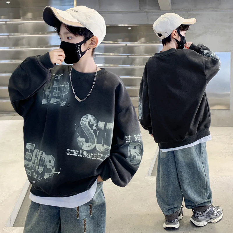 Fashion Boys' Cotton Sweatshirt Tops Autumn Kids Clothes Letter Print Pullover Graffiti Hoodie Children Black Clothing Age 5-14Y