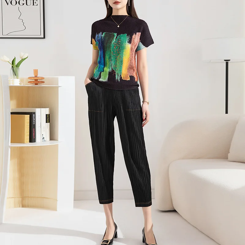 Pleated Multicolour Shirt Women 2024 Summer New Crewneck Patchwork Color Short Sleeve T-shirt Breathable Soft Tops Round Neck Lo