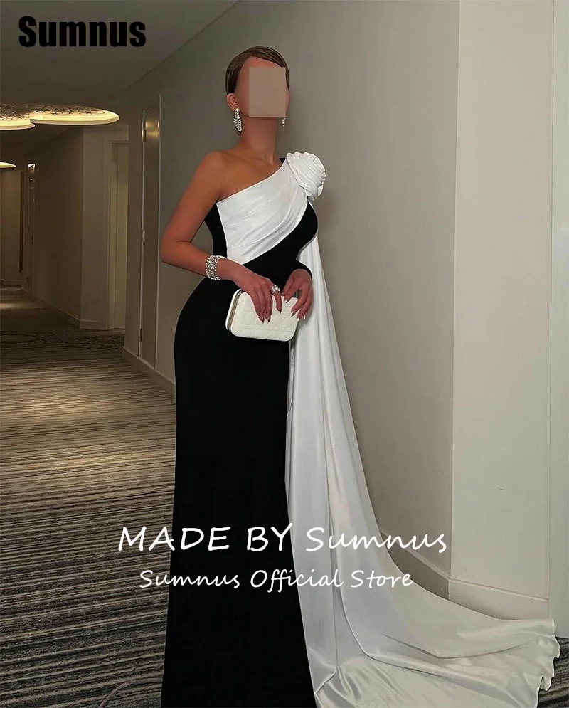 SUMNUS Schwarz-Weiß-Meerjungfrau-Abschlussballkleid, elegante One-Shoulder-Partykleider, bodenlange formelle Kleider mit Zug, individuell gestaltet