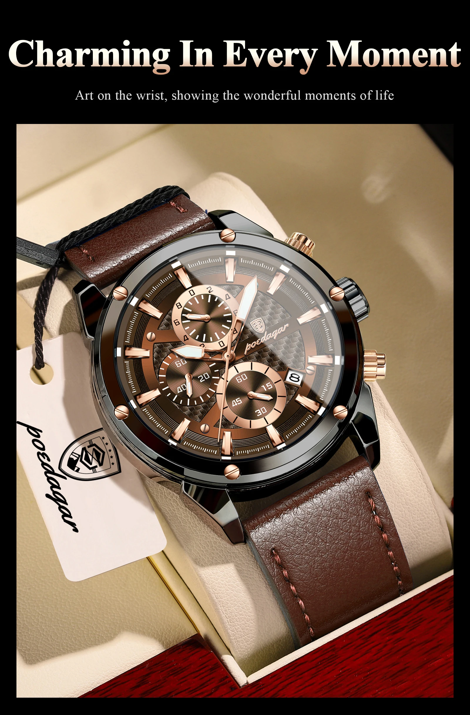 POEDAGAR High Quality Quartz Man Clock Waterproof Luminous Chronograph Date Men Wristwatch Leather Luxury Business Men's Watches