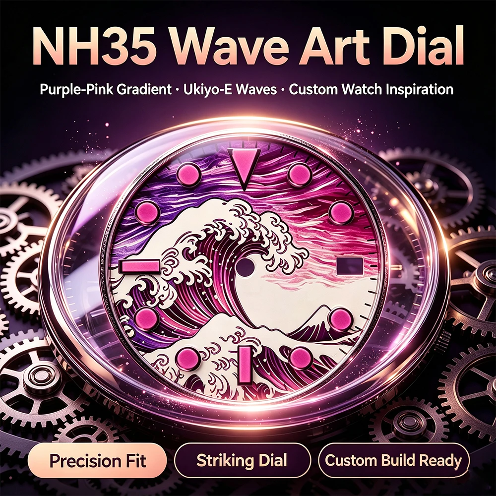 NH35 Watch Dial Purple Pink Great Wave Pattern Custom Modified Dial Fit NH35 Movement Replacement Watch Accessory For NH35 Mod