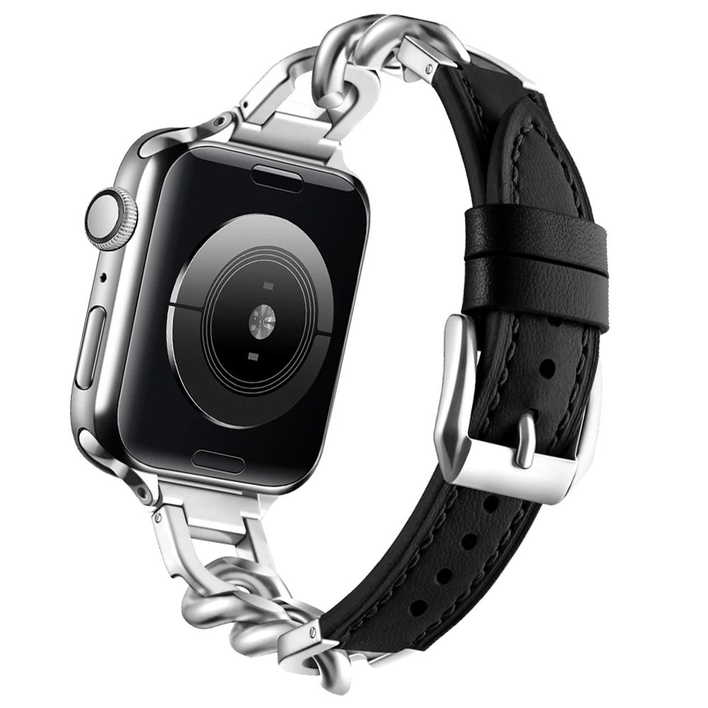 

Ремешок металлический женский для Apple Watch Band Ultra, тонкий кожаный браслет для Iwatch series 8 7 6 SE 5 3, 49 мм 41 мм 45 мм 44 40 мм
