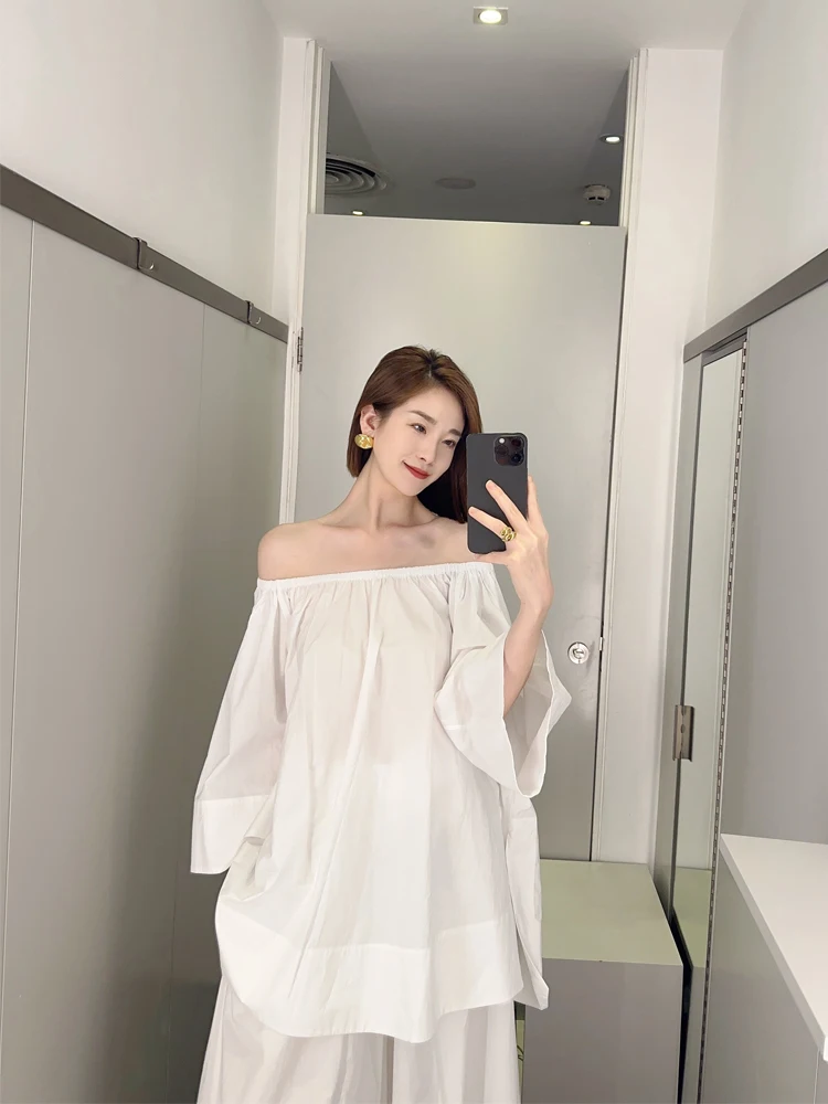 

Ele Simple Pleated round Ne Insert oulder Sve Women's irt Set Trendy One oulder Collar Cotton Blend Blouse