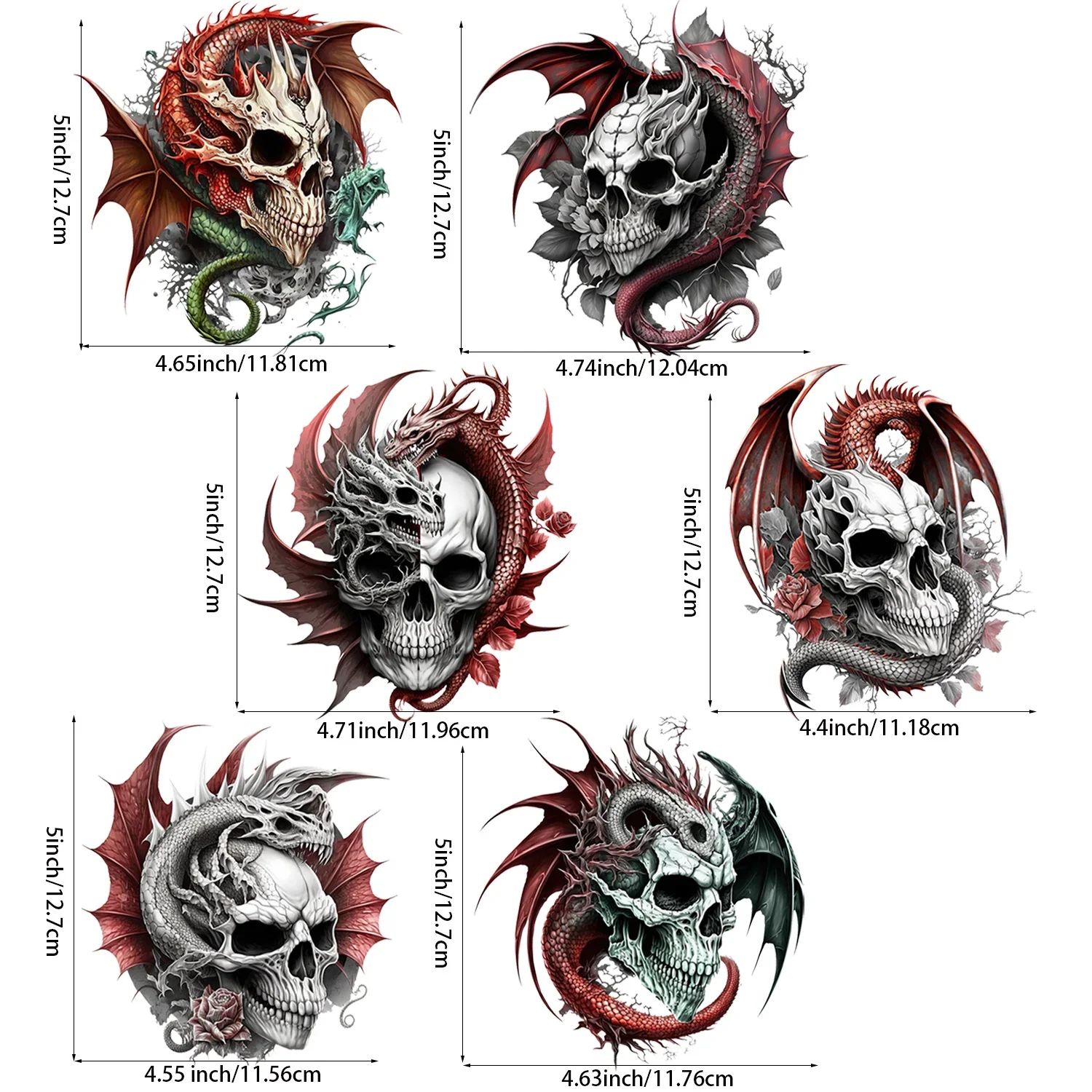 6-Pcs Dragon Skull Themed Iron-On Transfer Stickers,Vinyl Heat Transfer Patches for DIY Garments Backpack Heat Transfer Film