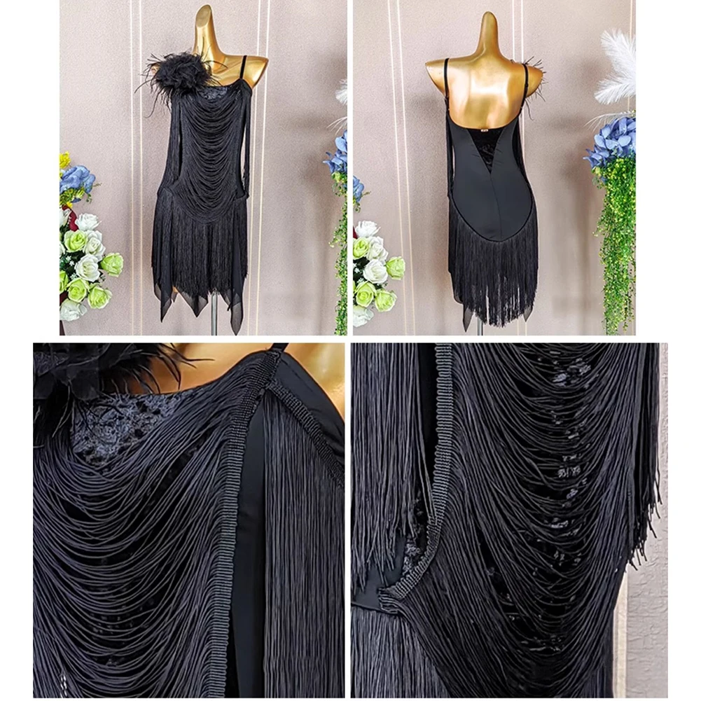 Новый костюм с открытой спиной для латинских танцев для девочек, сексуальное платье для самбы с кисточками, черные подтяжки, сценическая одежда, новинка, специальное использование