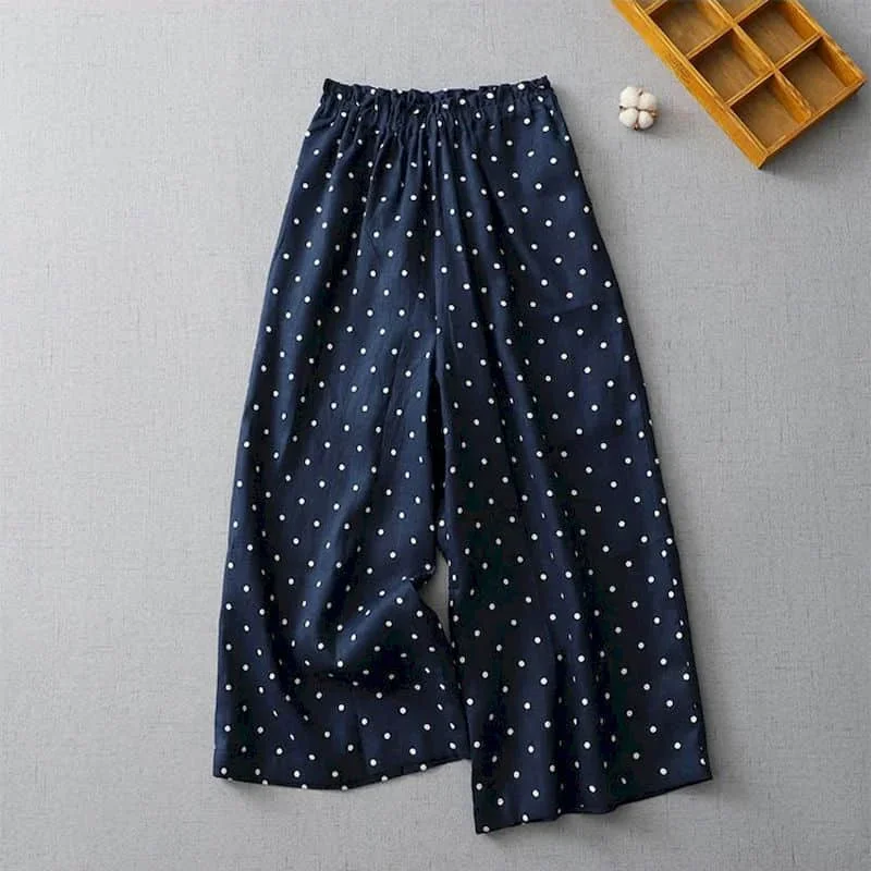 

Pop Cotton Linen Pants Women Printed Loose Casual Baggy Pants Vintage Summer Korean Style Elastic Waisted Trousers Wide Leg Pant