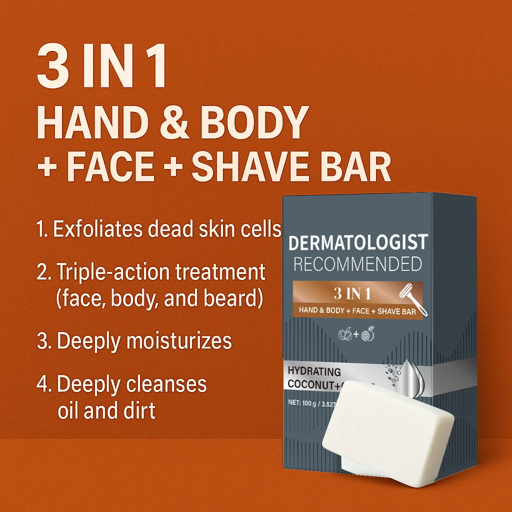 3-in-1-Seife für Herren, Hand- und Körper-Gesichtsrasur, Peeling, Tiefenreinigung, feuchtigkeitsspendende handgemachte Kokosnuss-Zitrusseife für hydratisierte Haut