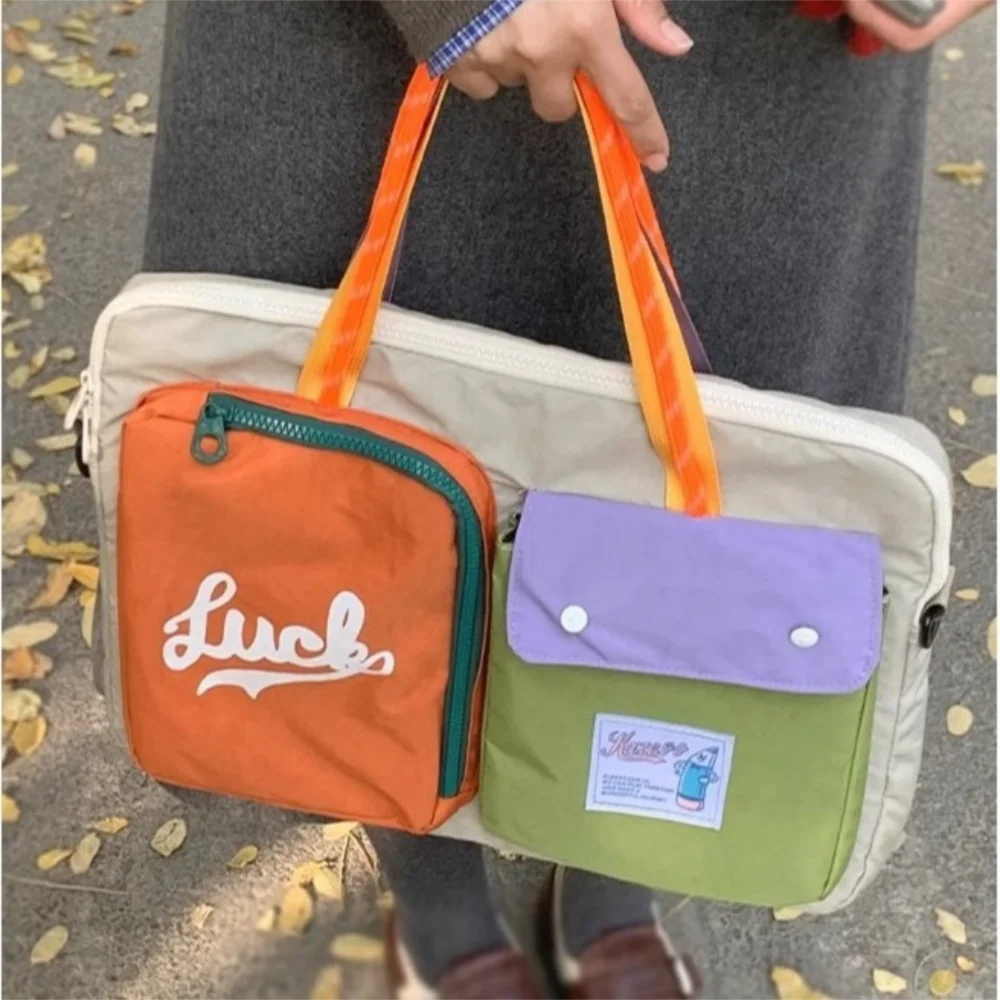 Fashion Contrast Color Computer Bag Canvas Multi-pockets Tote Laptop Bag Portable Large Capacity Travel Bag