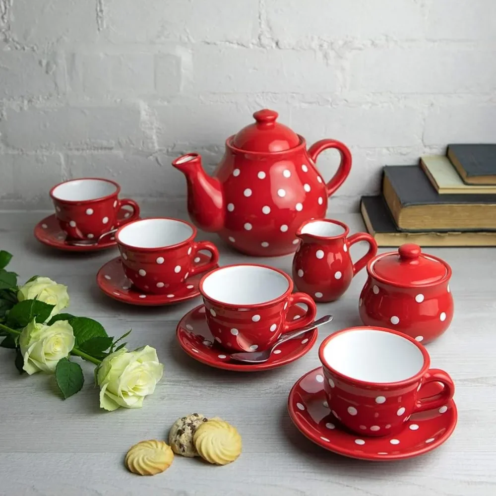 

Tea Cup Set Sugar Bowl Red and White Polka Dot Ceramic Teapot Set Kitchen Accessories Milk Jug Pottery Housewarming Gift for Tea