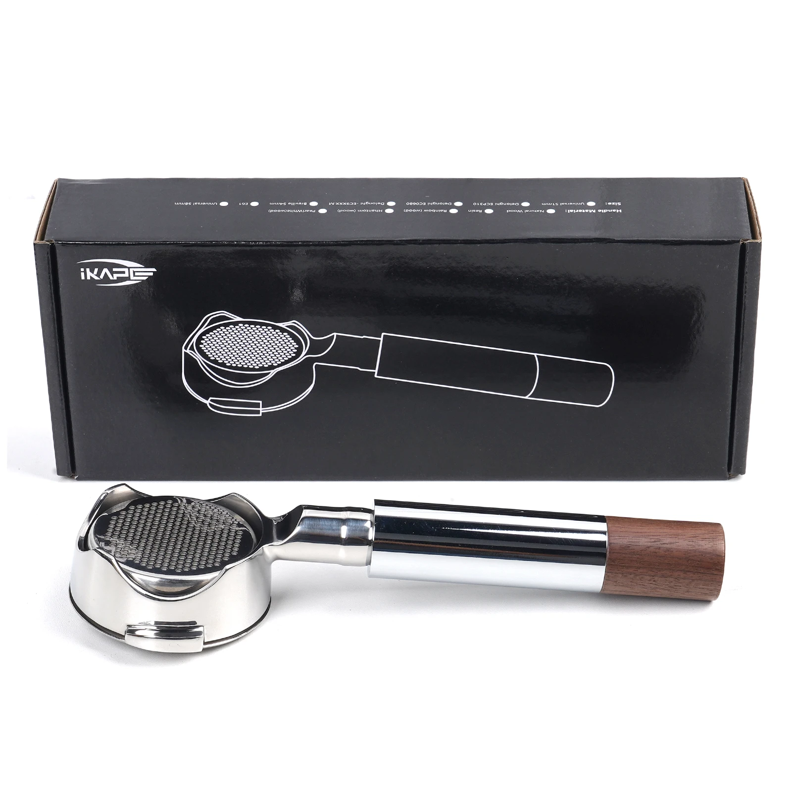 IKAPE Openwork Bottomless Portafilter, Handle made of stainless steel and walnut with High Extraction Precision Basket, Silver