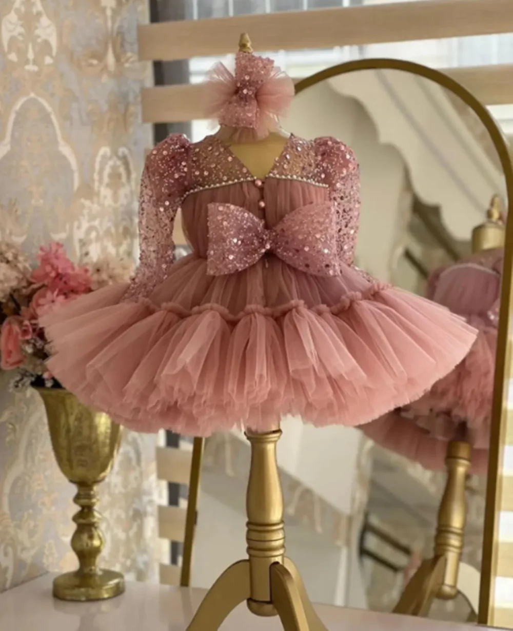 

Customized Dusty Pink Flower Girl Dresses For Wedding Sequins Pearls Knee Length Toddler Birthday Party First Communion Gown