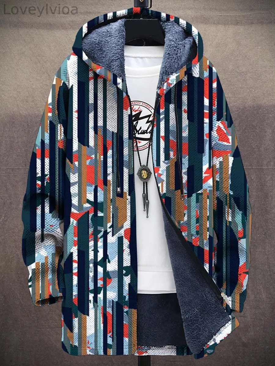 Unisex Geometric Art Pattern Plush Long-Sleeved Hoodie Fleece Lined Zipper Cardigan Trendy Thick Sweater Coat for All Seasons