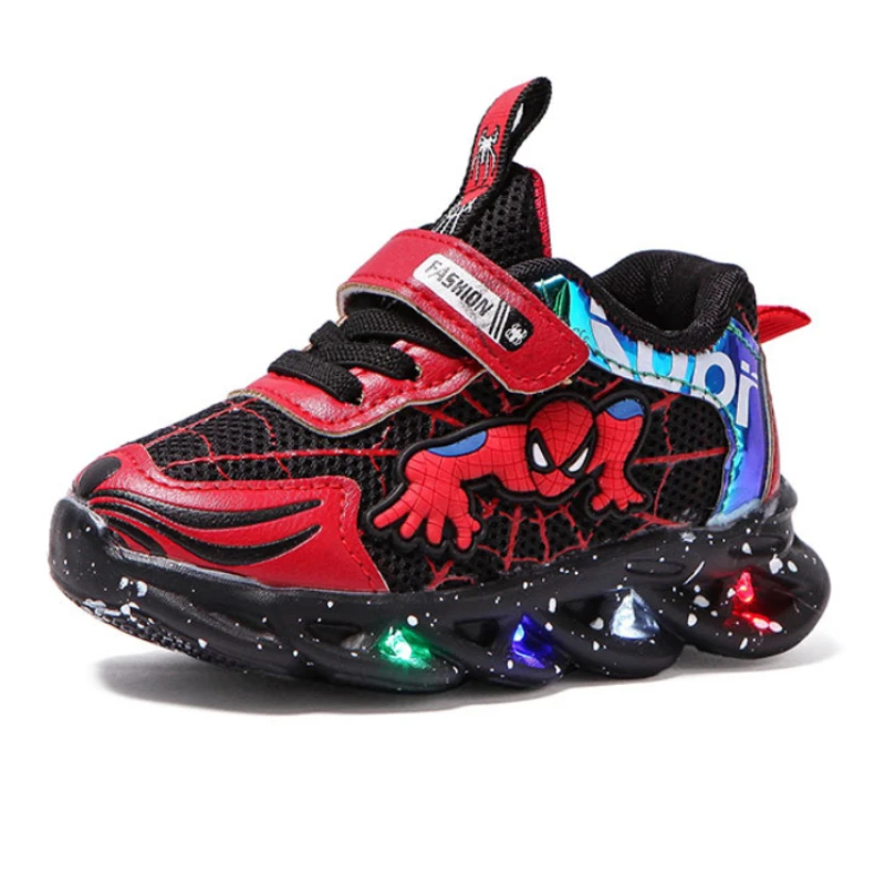 Disney Children\'s Led Light Sneakers Fashion Aoger Spiderman Boys Sport Shoes Cartoon Casual Shoes Breathable Outdoor Shoes