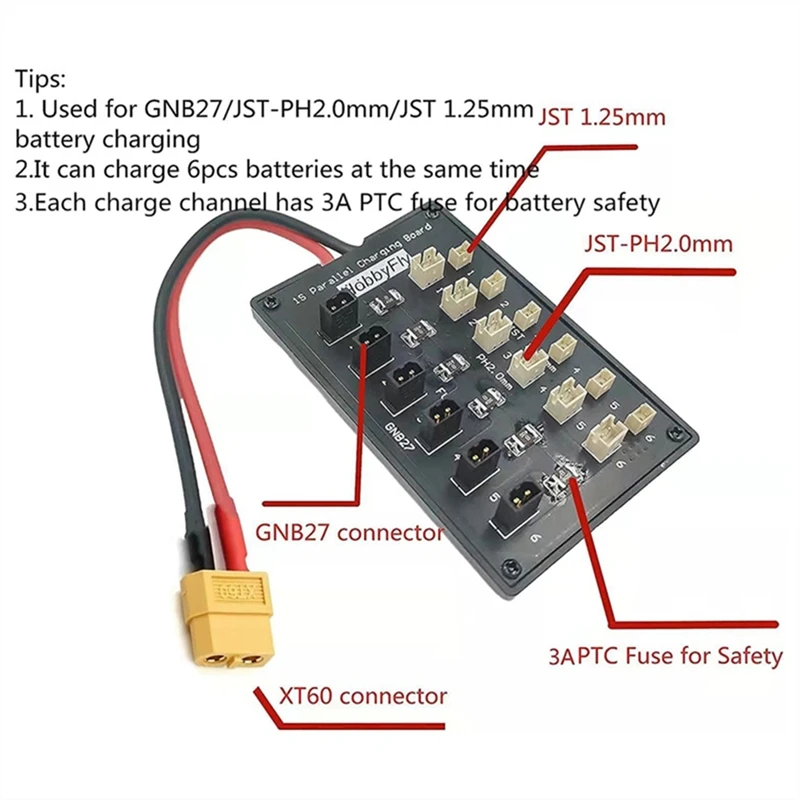 Placa de recarga paralela de batería serie 1S 6, protecciones de cortocircuito integradas, compatible con la mayoría de los cargadores de equilibrio Lipo