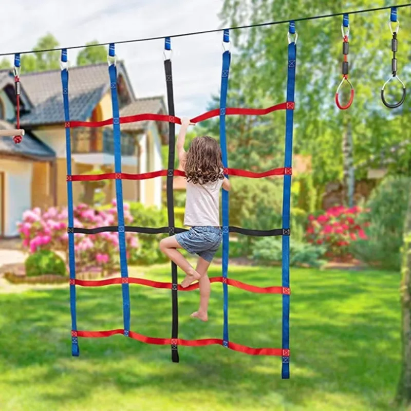 Outdoor Gekleurd Lint Klimnet Kinderen Indoor Avontuur Hangend Duurzaam 100KG Gewichtscapaciteit Driehoek Haak Speelschommel