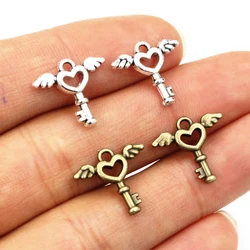 50pcs 14x14mm Charms Fly Key Antique Bronze Silver Color Pendants Making DIY Handmade Jewelry Factory Wholesale