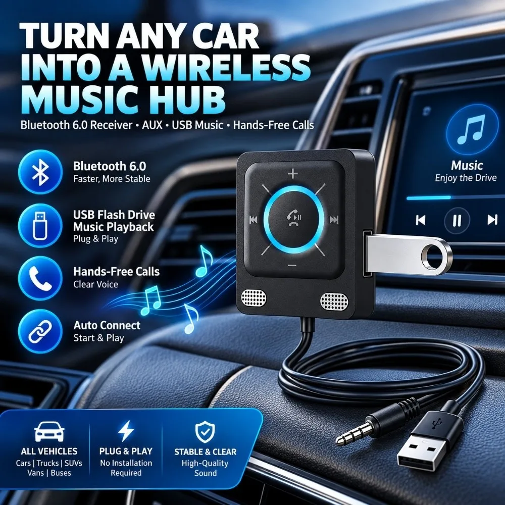 Bluetooth 6.0 Bluetooth Audio Receiver Dual Device USB Playback Hands-Free Car Kit Multifunction Buttons Dual Microphones