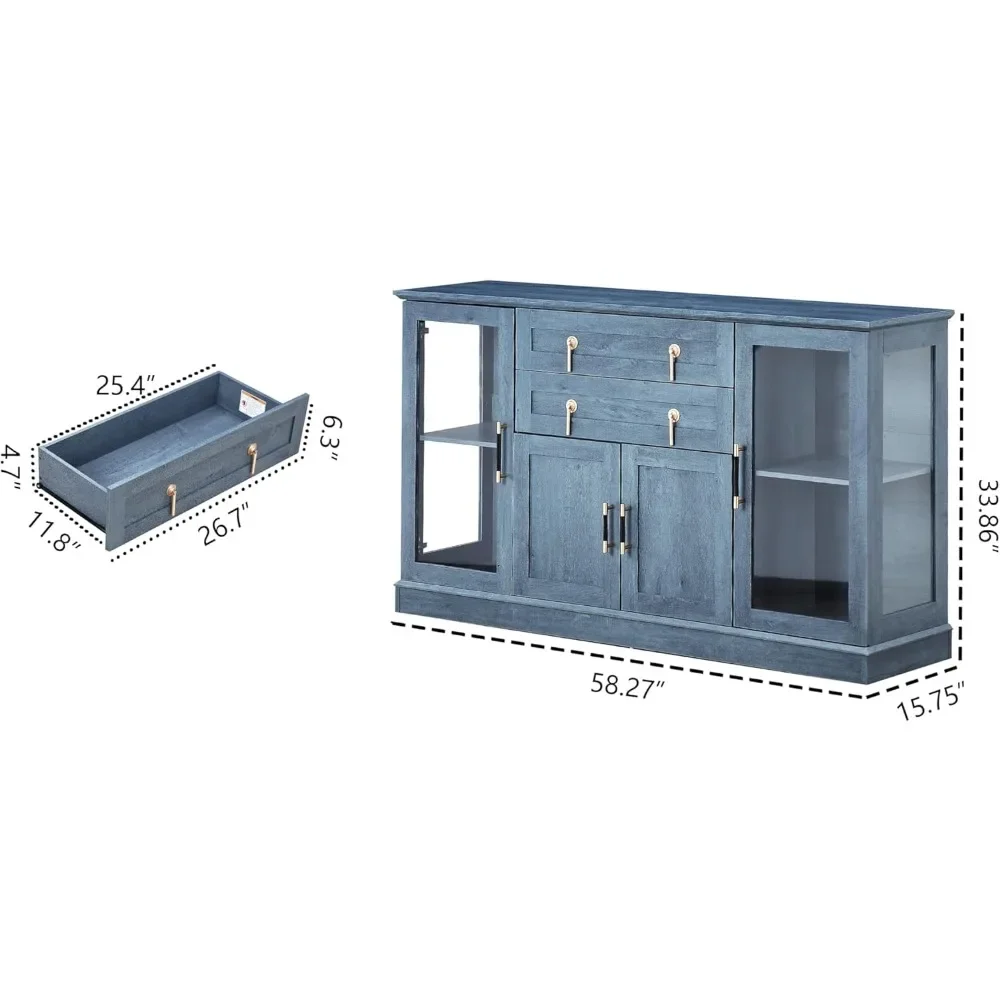 خزانة بوفيه جانبية حديثة مقاس 58.2 بوصة مع أبواب زجاجية للتخزين وبار القهوة Credenza للمنزل #2