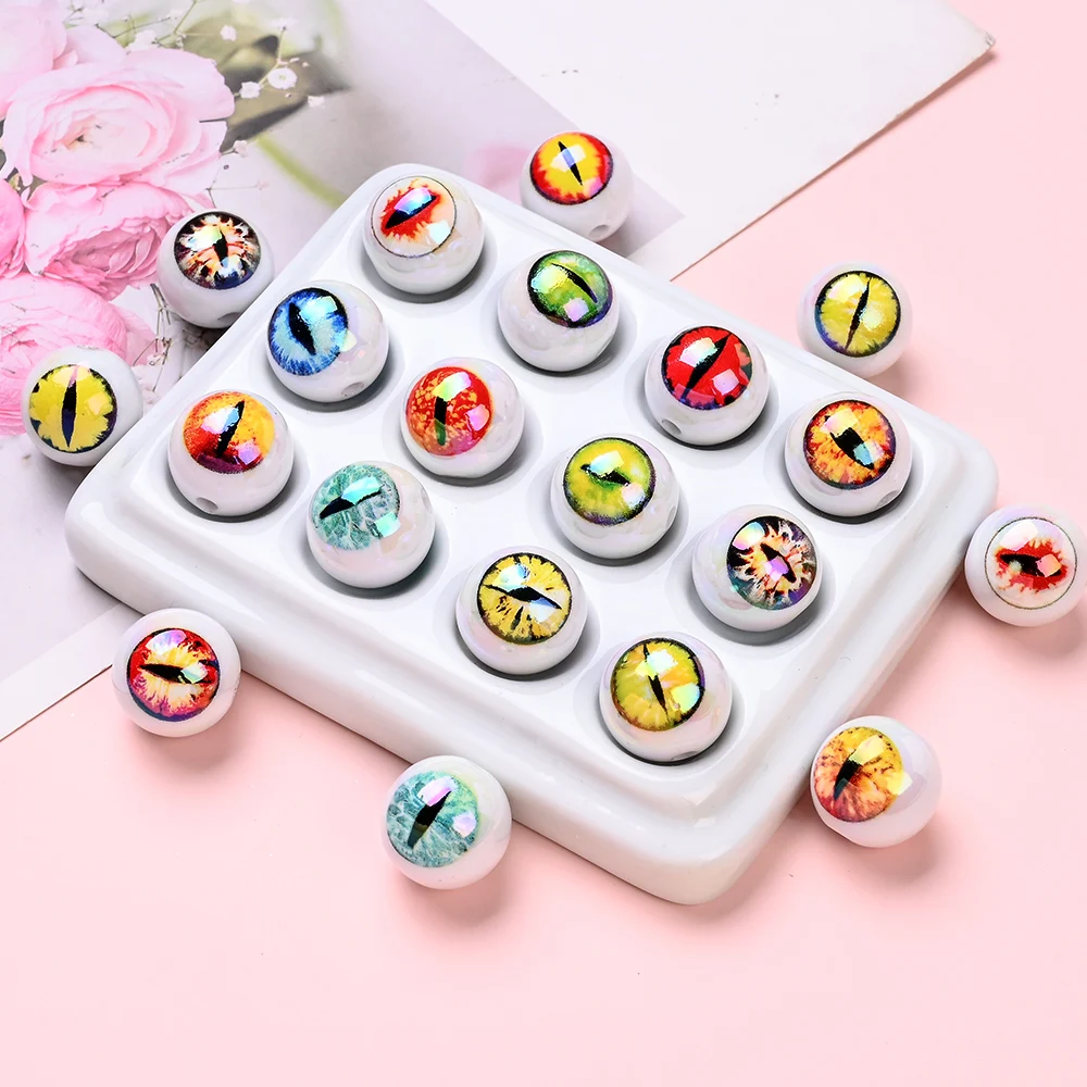 

10Pcs Acrylic Round Bead Color Eye Printed Food Grade Teether Beads For Pacifier Chain Clips DIY Teething Toy Accessories