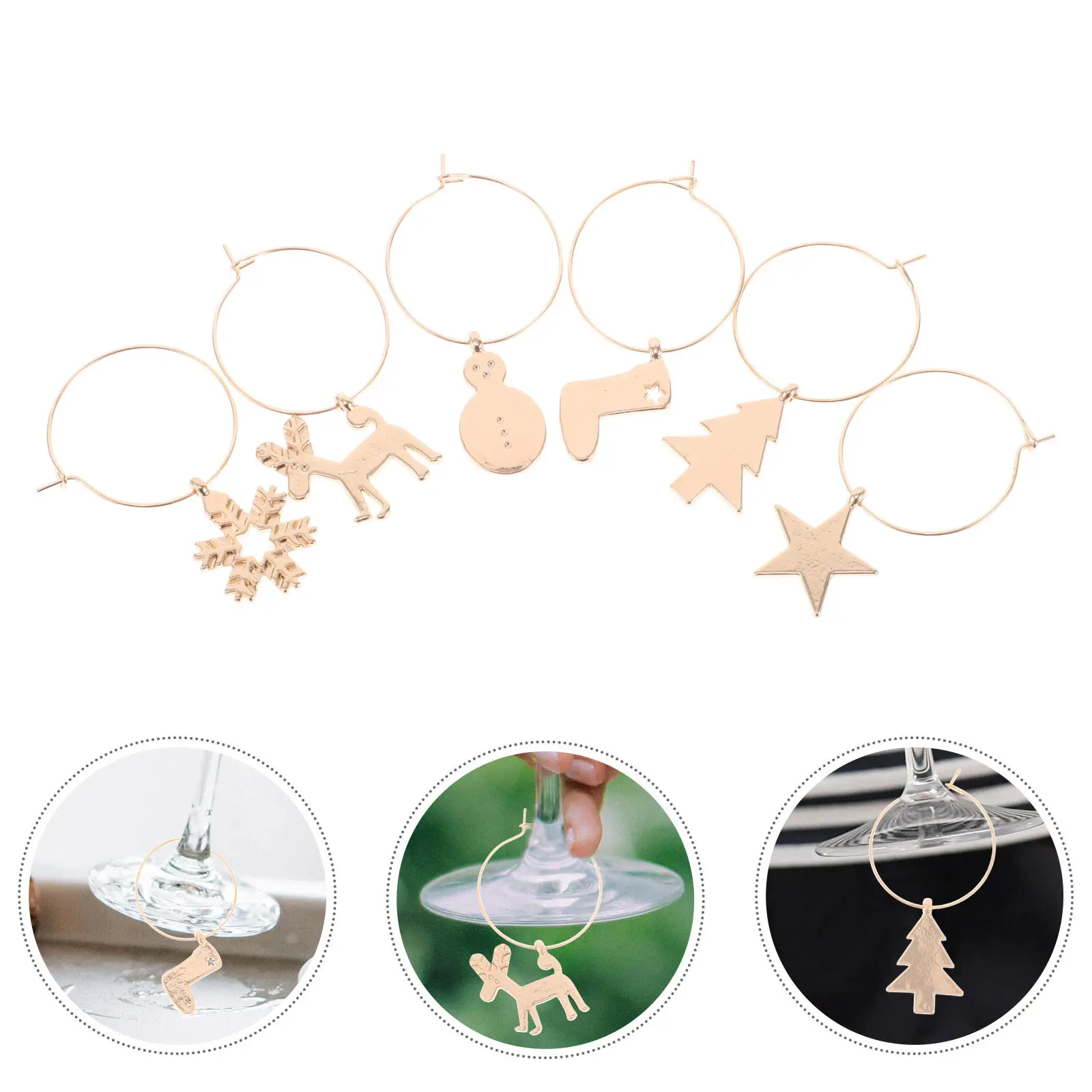 6Pcs Christmas Wine Glass Rings Metal Party Drink Tag Rings Holiday Festive Decoration Wine Glass Identifier Ring Creative Xmas