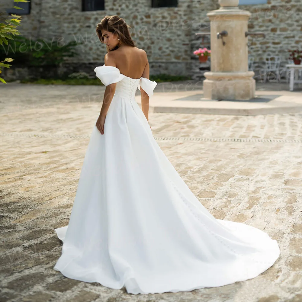 

Simple A Line Women's Wedding Dresses Off The Shoulder Lace Customized Bride Gowns Sleeveless Side Slit Vestidos De Novia Boda