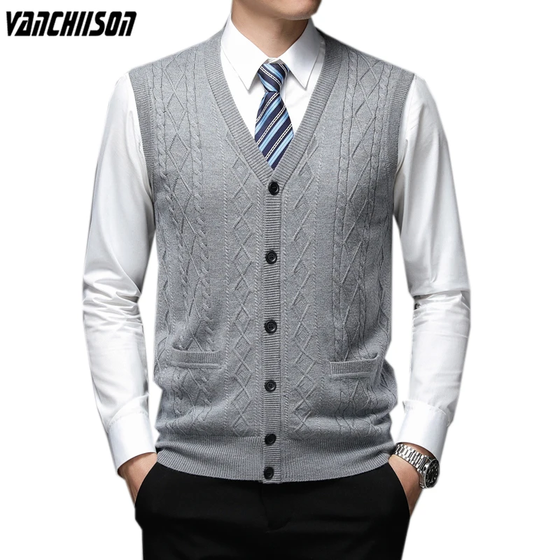 

Men Wool Twisted Knit Vest Buttons Down Basic Sweater Cardigan Sleeveless V Neck Retro Vintage Casualfor Autumn Winter 01075