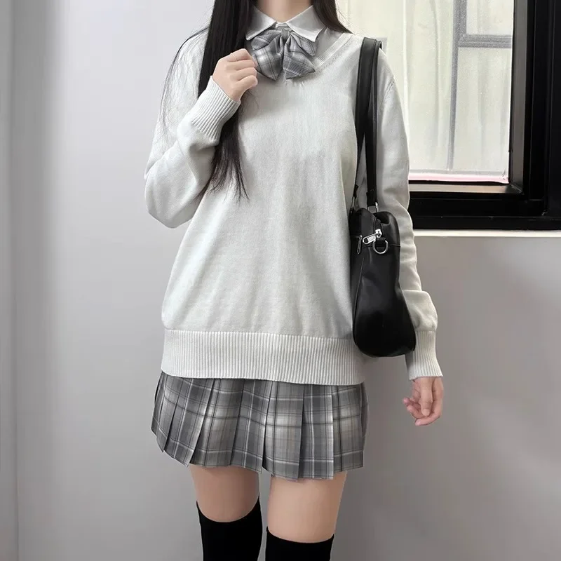 

JK Uniform V-Neck Basic Preppy Style Knit Sweater Solid Color Pullover Top Layered Wear For Women Japanese Style