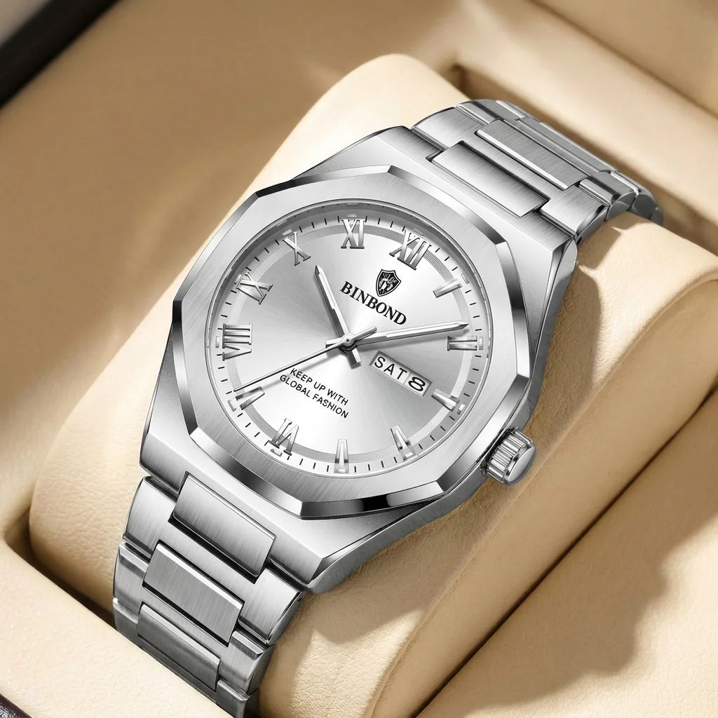 1 piece Men's Silver Metal Strap Watch Octagonal Case Date Week Display Casual Business Fashion Wristwatch For Daily Wea