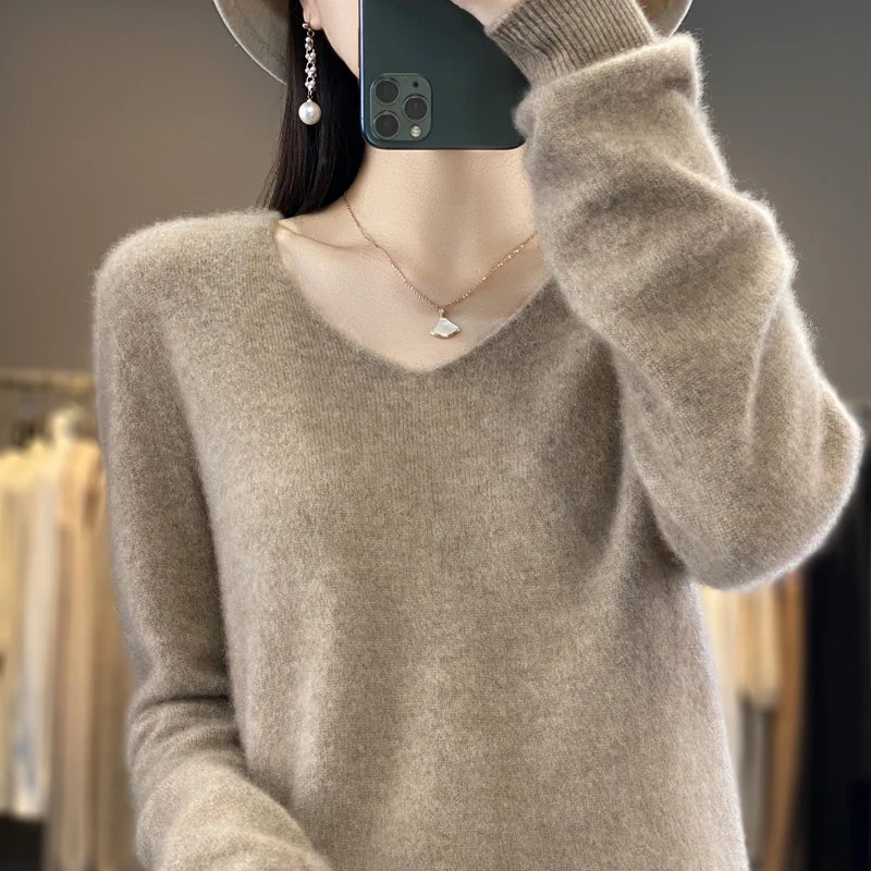 

LDZWSM Merino Wool Sweater Cashmere Pullover Women Knitwear V-Neck Long Sleeve Autumn Winter Fashion Basic Clothing Tops