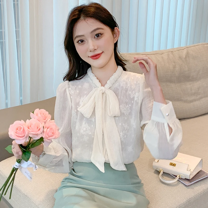 New Long Sleeve Bow Collar Women Shirt Lace Shirt Blouse Women Tops Blouses Shirts Blusas Para Mujer Camisas Blusa Blusas M679