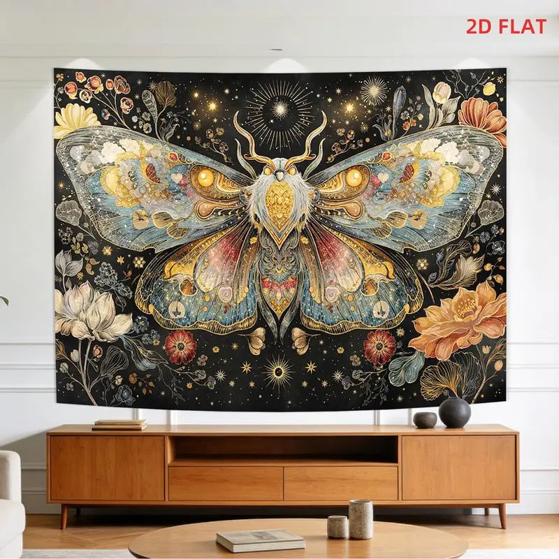 VIKAMA Boho Dark Aesthetic Tapestry Vintage Moth Floral Star Moon Botanical Wall Hanging Wall Decor For Bedroom Dorm