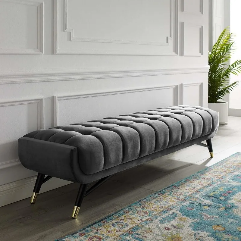 Adept Mid-Century Modern Velvet Upholstered Tufted Accent Bench in Gray