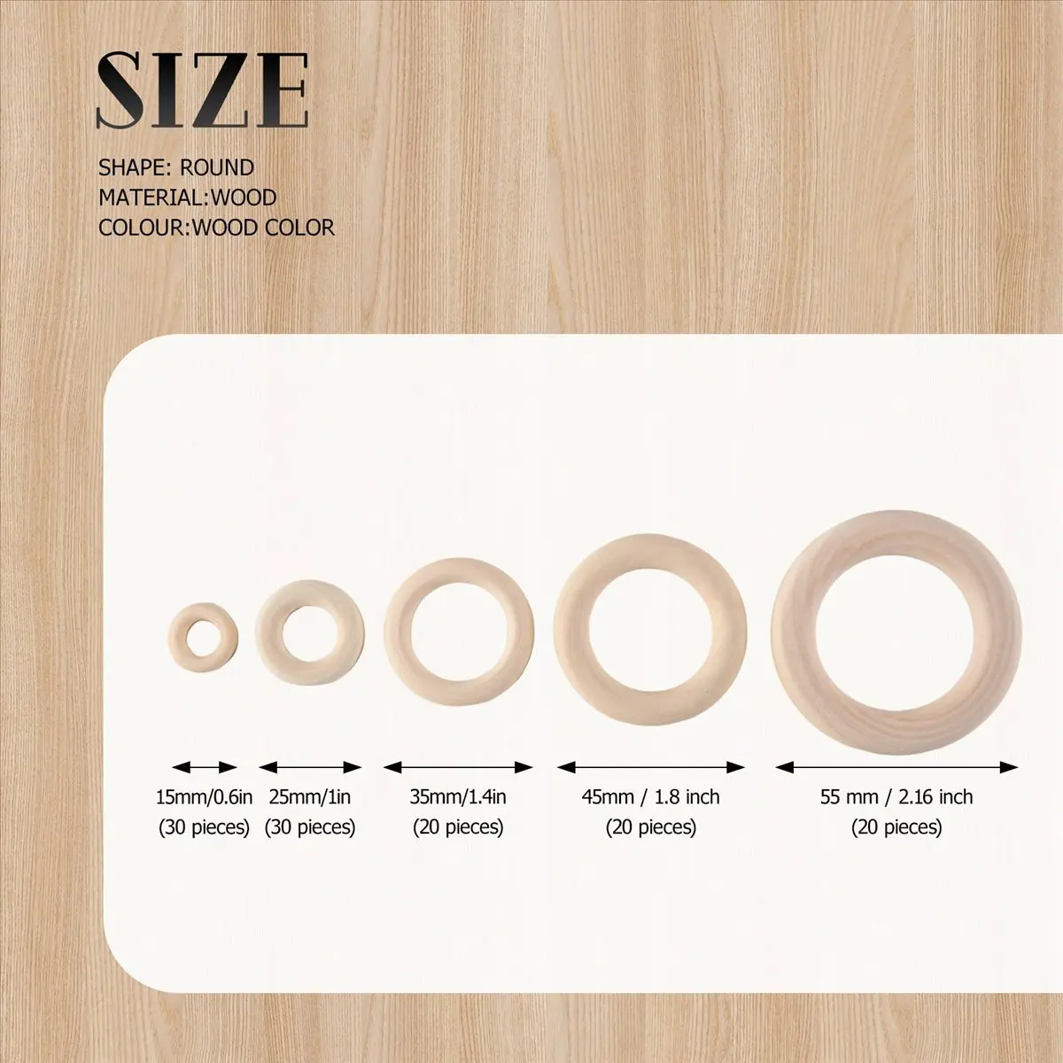 A013 120Pcs Natural Wood Rings Set, Unfinished Macrame Wooden Ring, Wood Circles for DIY Craft, Ring Pendant Jewelry Making