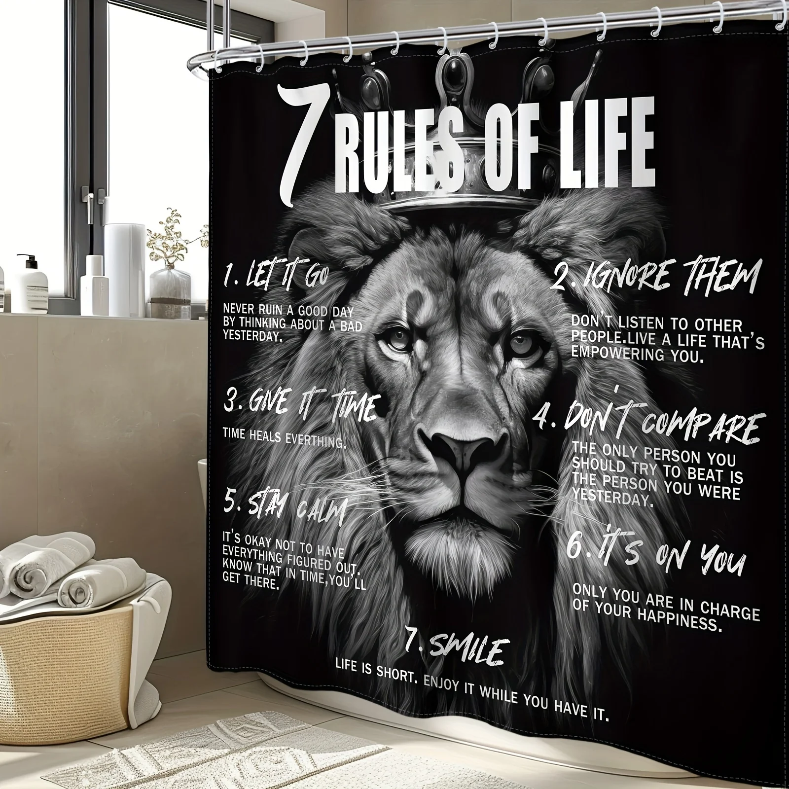 Lion Rules of Life Shower Curtain - Water-Resistant and Easy to Clean, Adds Inspirational Vibes to Your Bathroom Decor