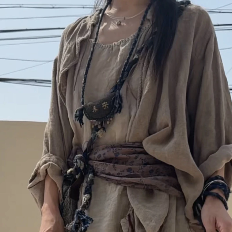 

Женские винтажные льняные рубашки Ramie с боковым поясом, однотонные новые оригинальные топы с круглым вырезом и длинными рукавами, осень 2024, свободные рубашки в китайском стиле