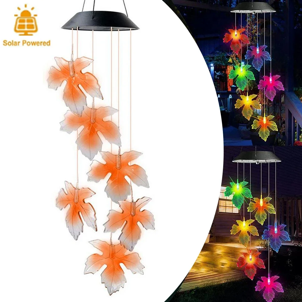 Solar LED Garden Decorative Light Outdoor Waterproof Maple Leaf Wind Chime LED Colorful Chandelier Villa Patio Decorative Lamp