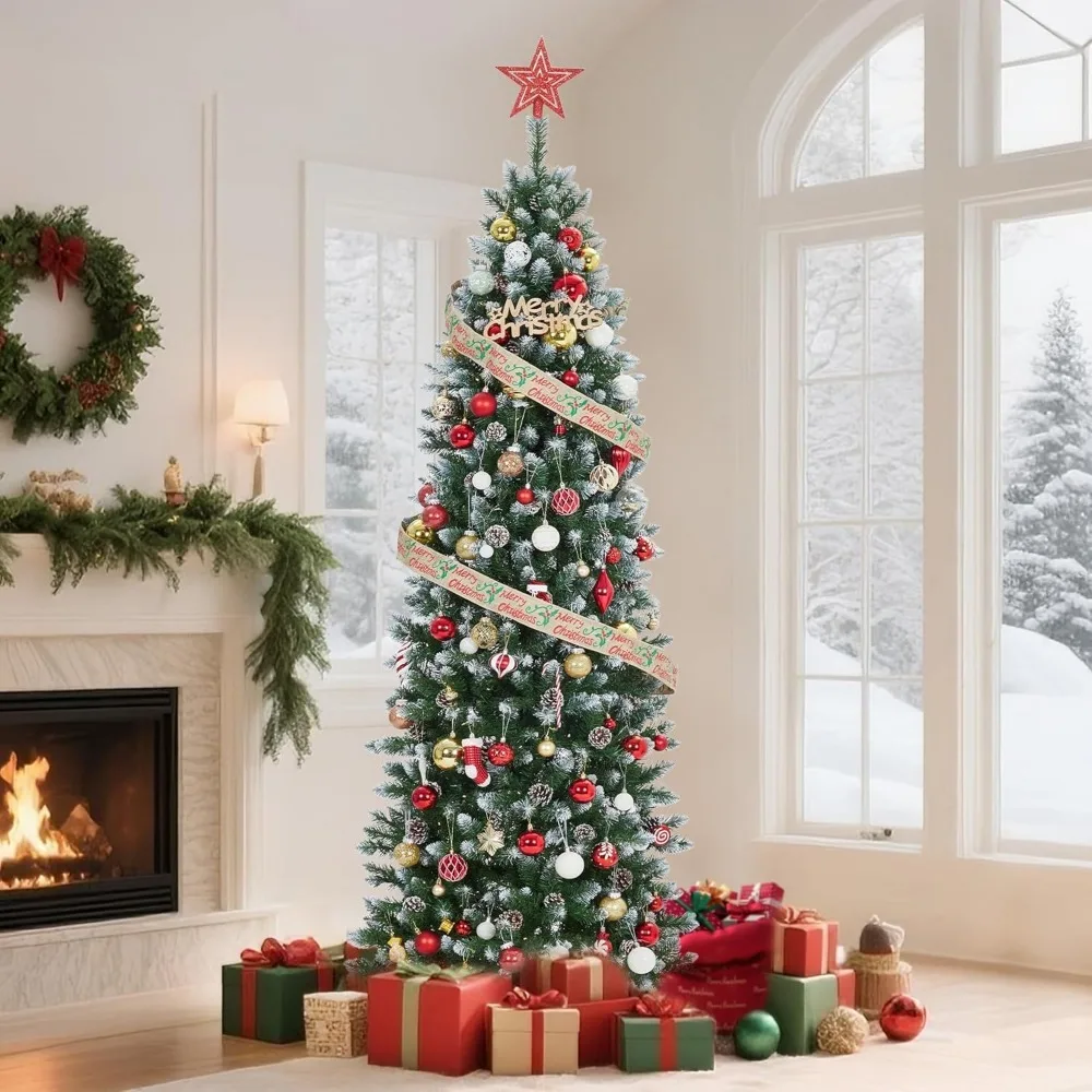 

Рождественская елка 7,5 футов, искусственная предварительно освещенная карандашная елка, простая сборка, рождественский декор для домашней вечеринки, офиса, торгового центра, праздника