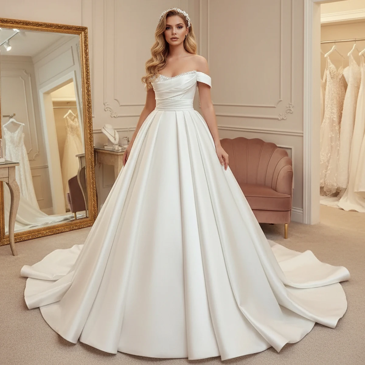 

Elegant Satin Sweetheart Off Shoulder Wedding Dress For Women Beaded Bridal Party Gown Long Ball Gown For Bride Vestidos Novia