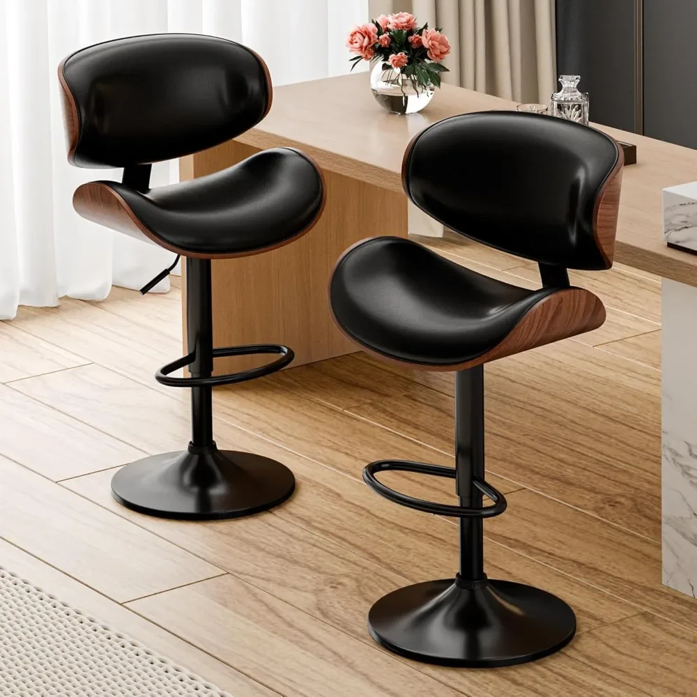 PU couro ajustável giratória Bar Stools, preto forte meados do século cadeira moderna, estofados balcão altura Bar Stool, conjunto de 2