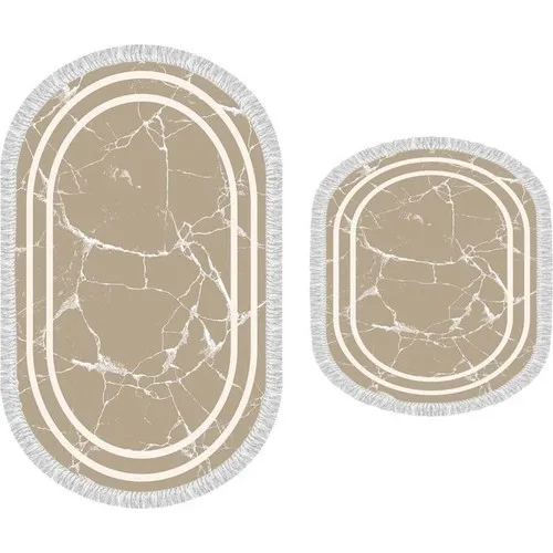 Dowry Wonderland Oval Fringed 2'li Bath Mat Pad Linear Stone Coffee White