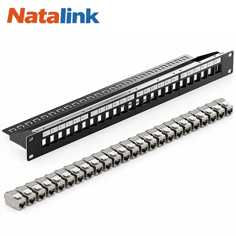 Natalink Rackmount or Wall Mount 1U 24 Port Keystone Patch Panel with Cable Management and Support Bar for Keystone Jacks