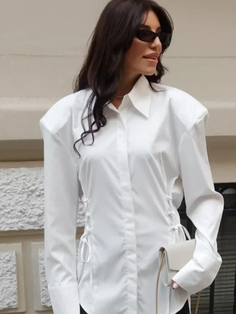 

Fashion Solid Lapel Shoulder Pads Shirt Women Full Sleeve Single Breasted Drawstring Crop Blouse 2026 Lady Commute Outwears