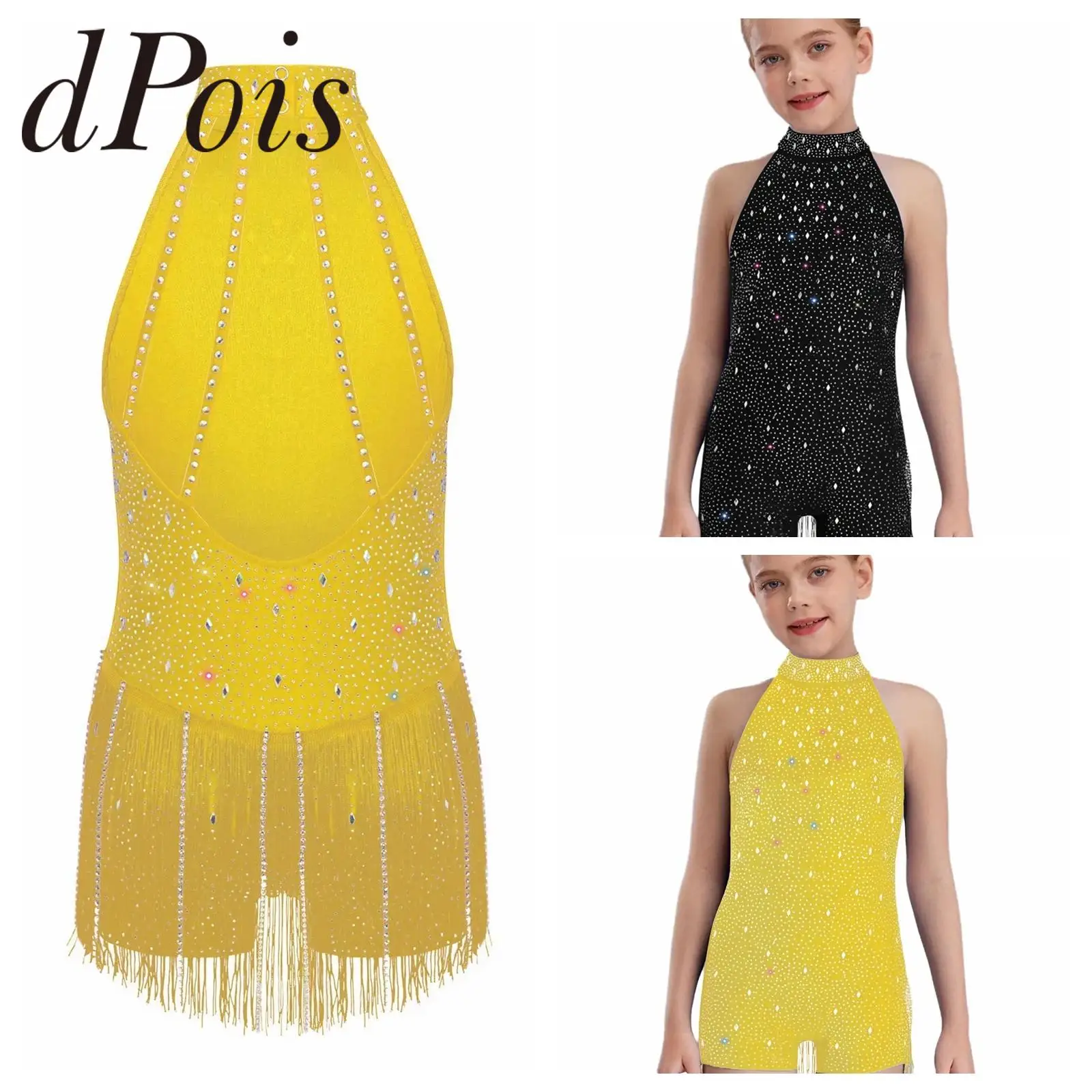 

Комбинезон с бахромой для латинских джазовых танцев для девочек, детский купальник без рукавов с лямкой на шее и кисточками, с открытой спиной, блестящие стразы, гимнастическое боди