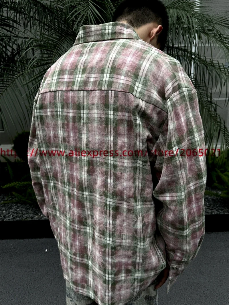 Retro Distressed Halo Dyeing Flannel Cotton Plaid Shirts Men Women Oversize Shirts Top